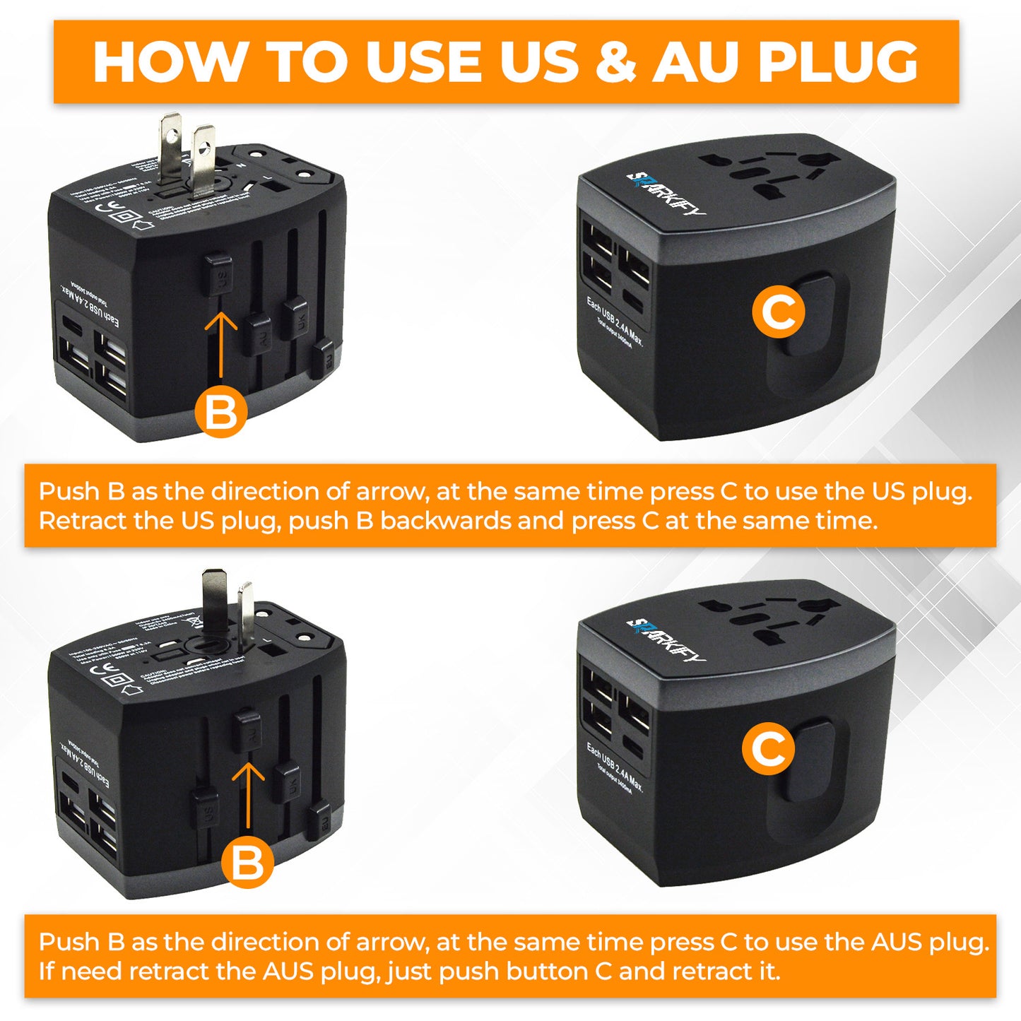 SPARKIFY Universal Travel Adapter with 3 USB & USB-C Ports