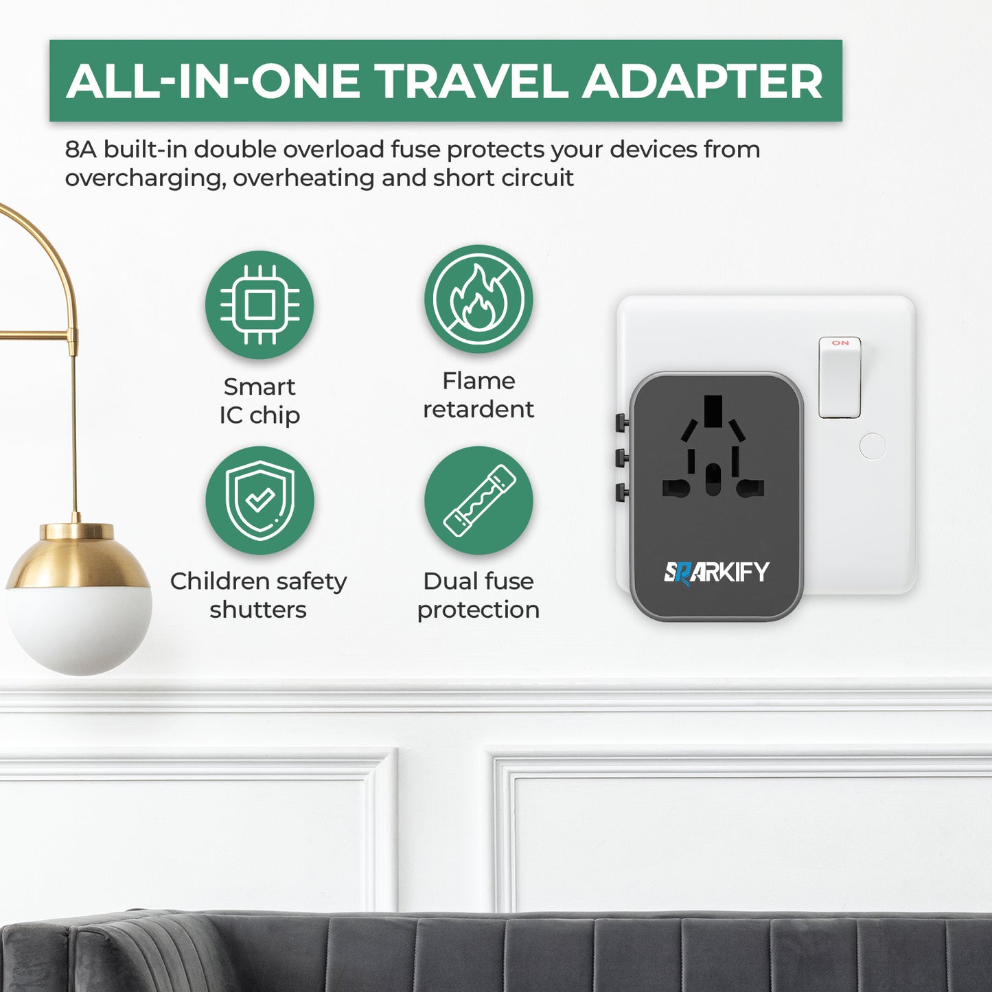SPARKIFY Universal Travel Adapter – Worldwide Plug Adapter with 3 USB-C & 2 USB-A Ports for 200+ Countries