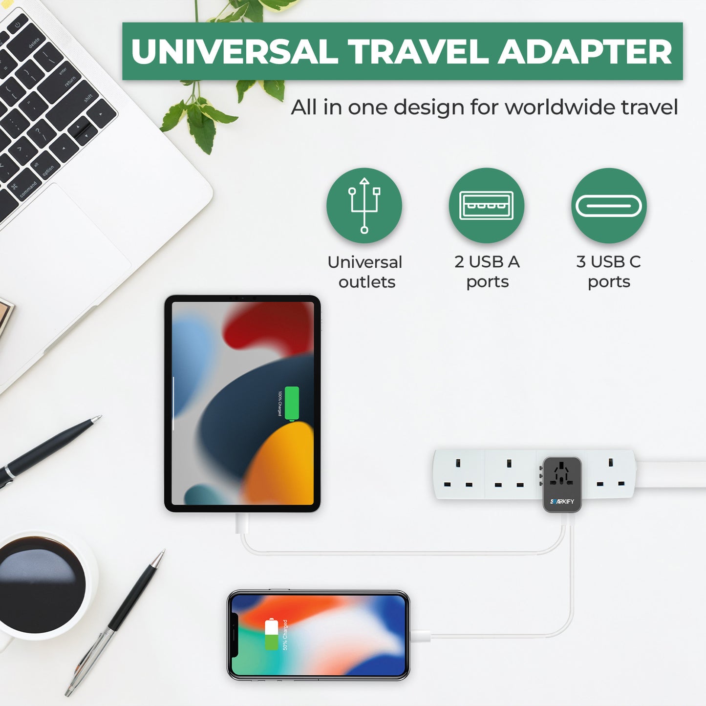 SPARKIFY Universal Travel Adapter – Worldwide Plug Adapter with 3 USB-C & 2 USB-A Ports for 200+ Countries