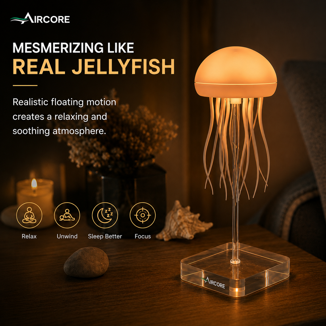 AIRCORE Floating Jellyfish Lamp – LED Ambient Night Light with Remote & Touch Control, Rechargeable Mood Lamp for Bedroom, Living Room & Office