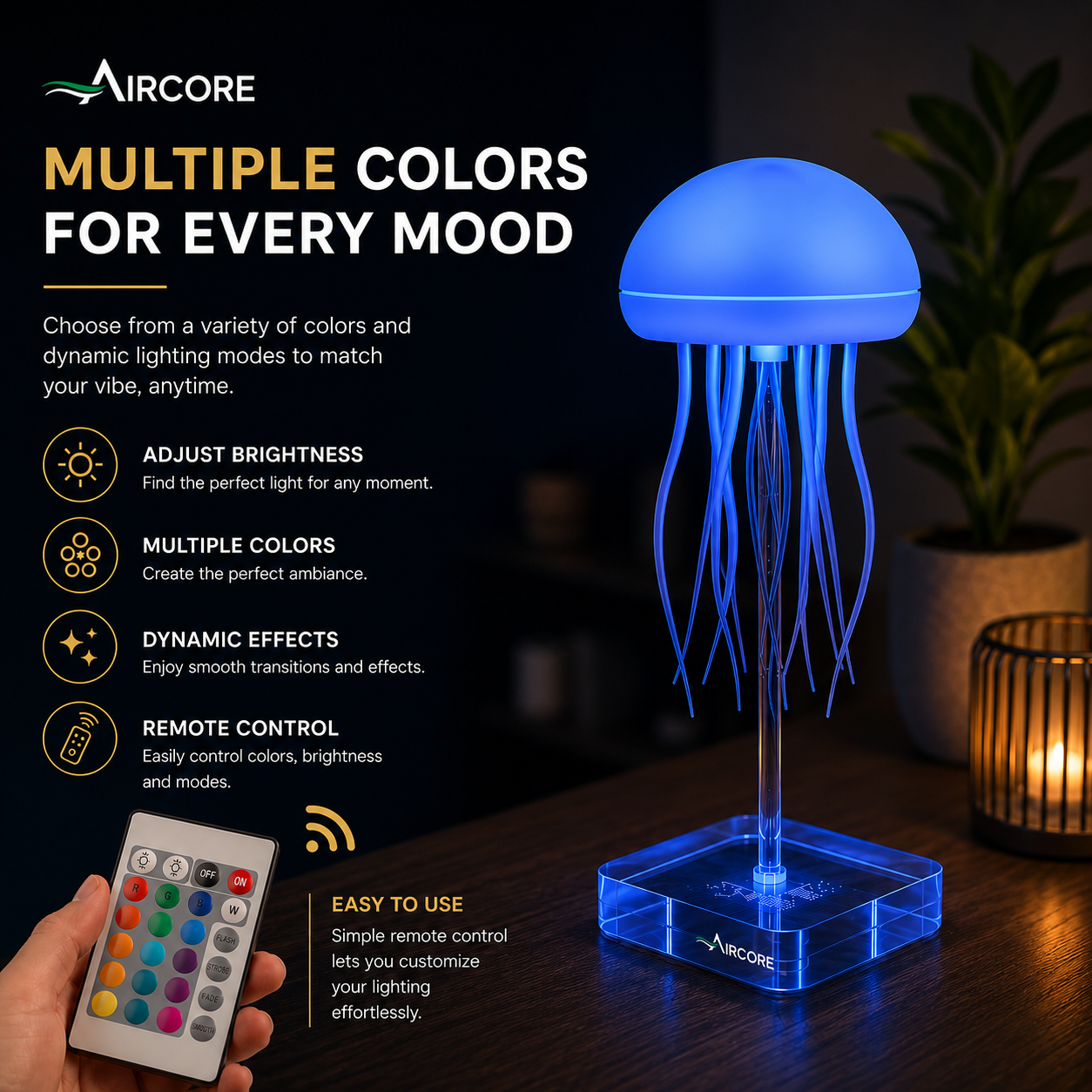 AIRCORE Floating Jellyfish Lamp – LED Ambient Night Light with Remote & Touch Control, Rechargeable Mood Lamp for Bedroom, Living Room & Office