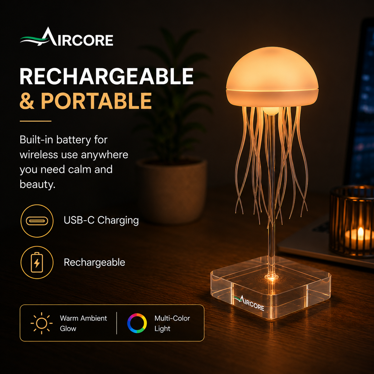 AIRCORE Floating Jellyfish Lamp – LED Ambient Night Light with Remote & Touch Control, Rechargeable Mood Lamp for Bedroom, Living Room & Office