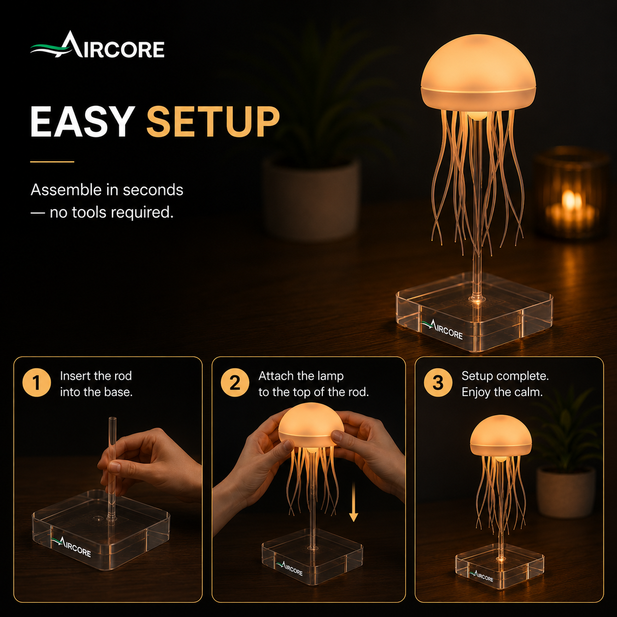 AIRCORE Floating Jellyfish Lamp – LED Ambient Night Light with Remote & Touch Control, Rechargeable Mood Lamp for Bedroom, Living Room & Office