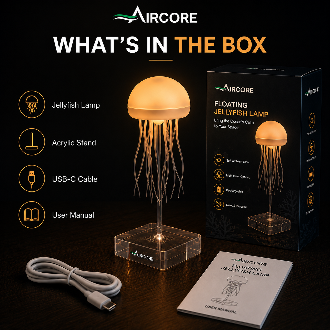 AIRCORE Floating Jellyfish Lamp – LED Ambient Night Light with Remote & Touch Control, Rechargeable Mood Lamp for Bedroom, Living Room & Office