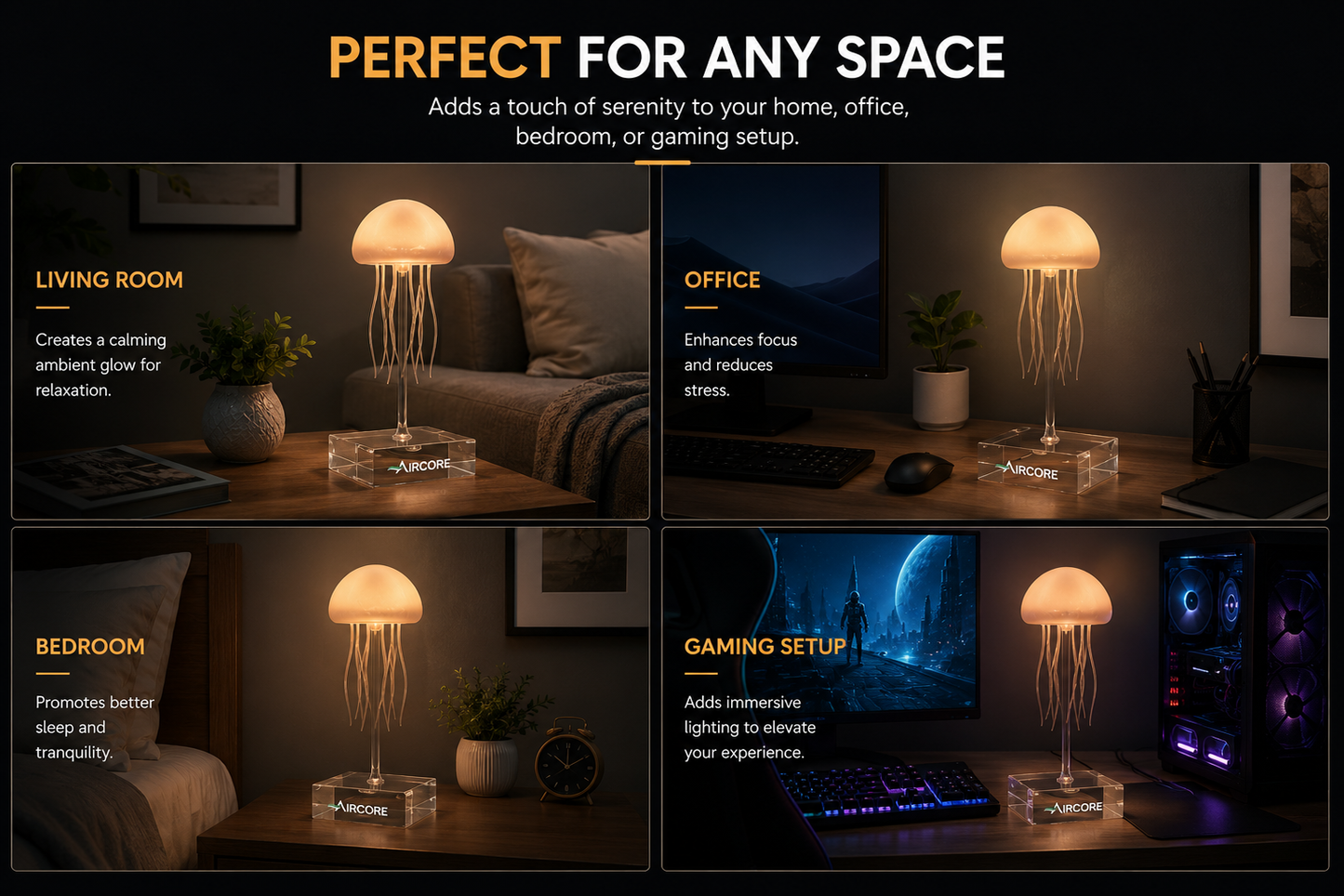 AIRCORE Floating Jellyfish Lamp – LED Ambient Night Light with Remote & Touch Control, Rechargeable Mood Lamp for Bedroom, Living Room & Office