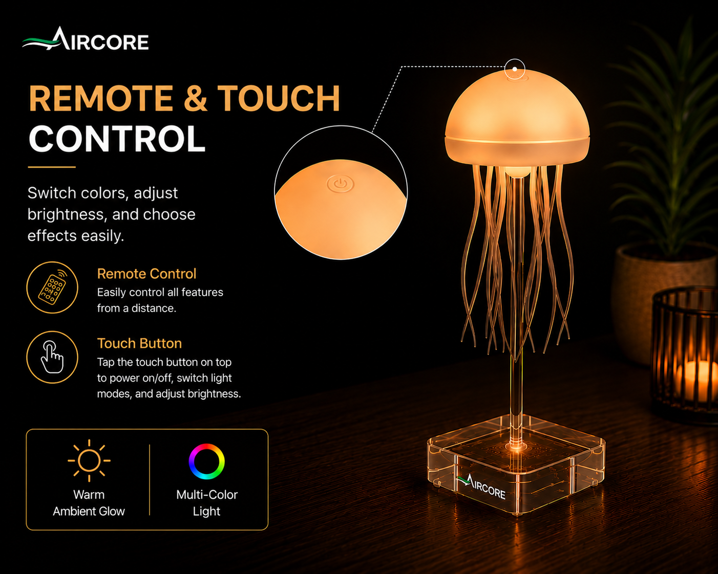 AIRCORE Floating Jellyfish Lamp – LED Ambient Night Light with Remote & Touch Control, Rechargeable Mood Lamp for Bedroom, Living Room & Office
